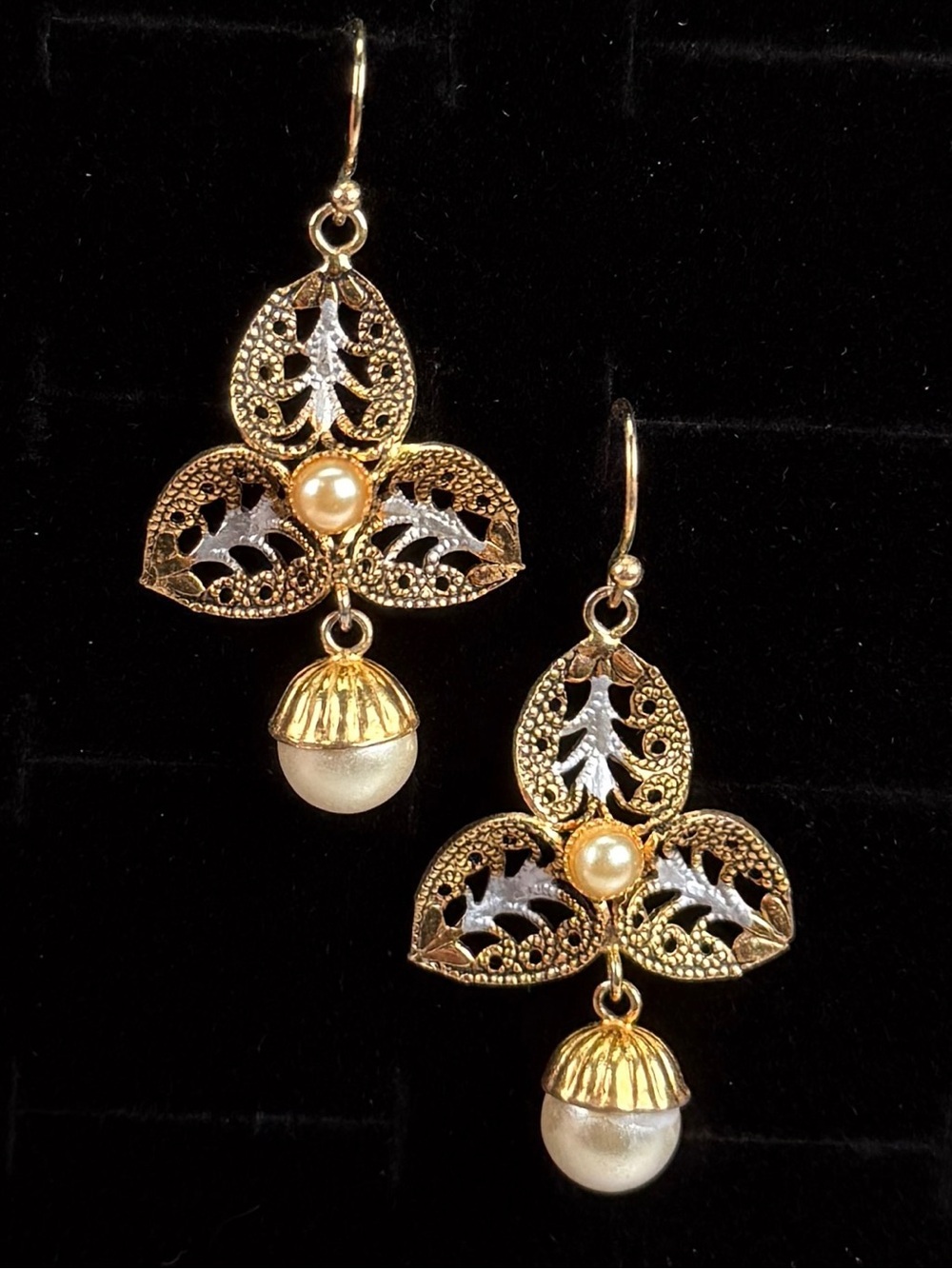 Vintage aged goldtone, faux pearl, lightweight, delicate pierced earrings